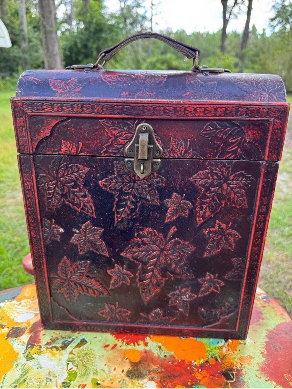 Vintage  Wooden Wine Box Maple Leaf Rustic Storage Case